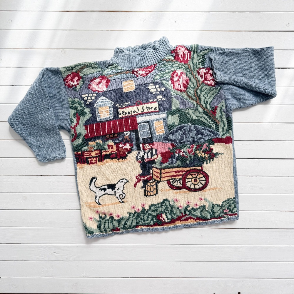 vtg SGCS Americana Amish general store blue hand knit sweater‎ size XL